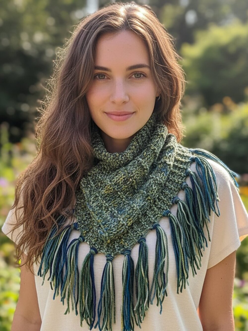 NEW Hand Knitted Green Teal Blue Boho Cowl Scarf Fringe Artsy Indie Coastal Chic